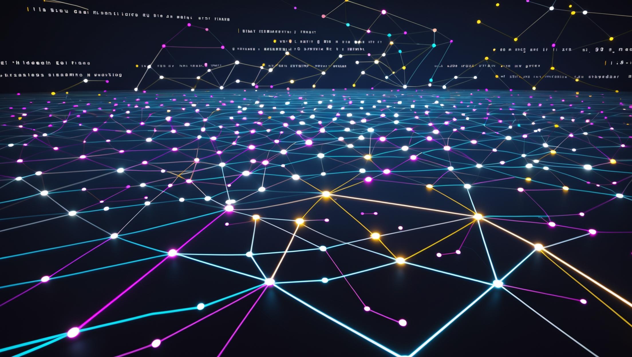 A vast dark void gradually filling with points of light that connect into geometric constellations. The constellations form the shape of a dance floor viewed from above. Neon colors — cyan, magenta, purple, gold — trace the connections between points. Mathematical equations float as faint text in the background. The overall feeling is emergence: many individual lights becoming one coherent pattern. Style: dark cyberpunk aesthetic, clean lines, monospace typography.