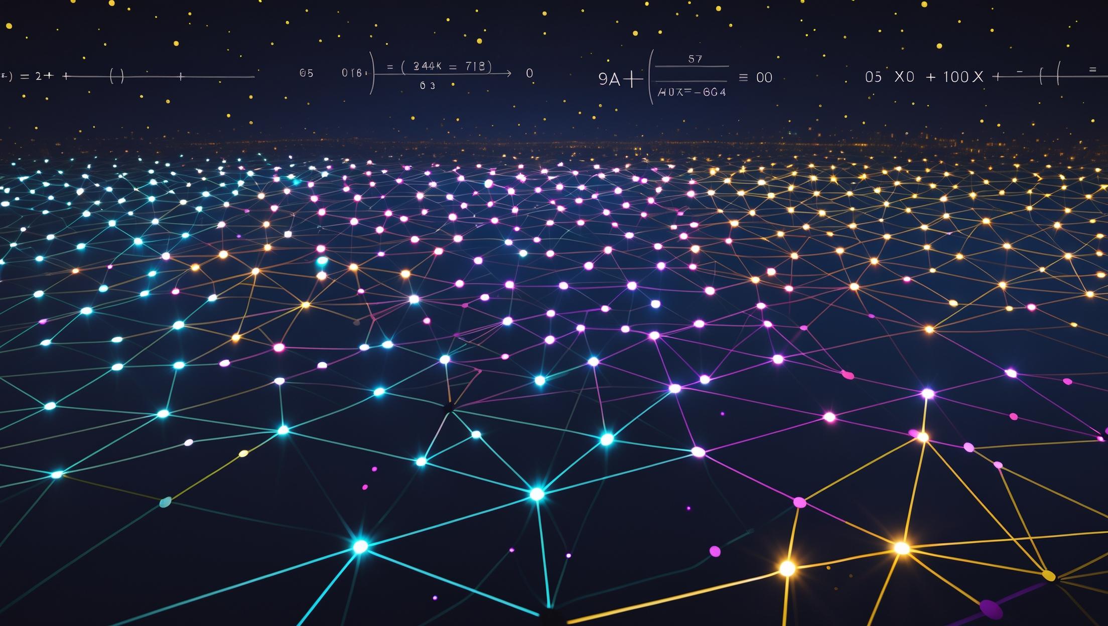 A vast dark void gradually filling with points of light that connect into geometric constellations. The constellations form the shape of a dance floor viewed from above. Neon colors — cyan, magenta, purple, gold — trace the connections between points. Mathematical equations float as faint text in the background. The overall feeling is emergence: many individual lights becoming one coherent pattern. Style: dark cyberpunk aesthetic, clean lines, monospace typography.