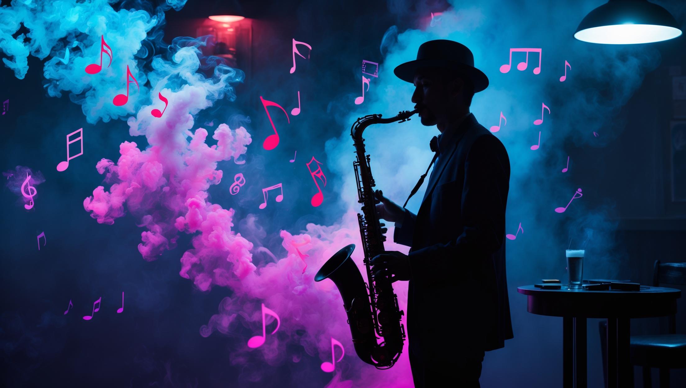 A smoky midnight jazz club, lone saxophonist silhouetted in cyan and magenta neon, floating musical notes dissolving into fractal equations, deep blue and violet palette